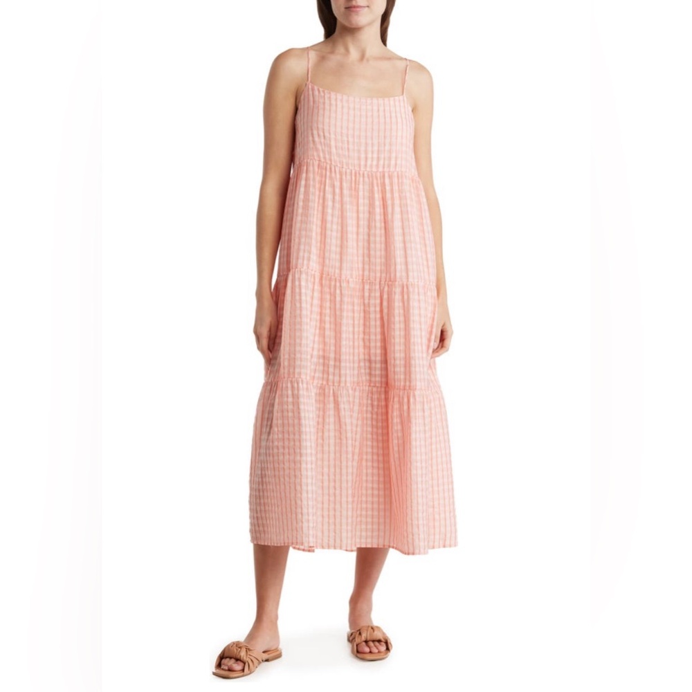 LUMIERE - Coral Check - Tiered Midi Dress - Size M